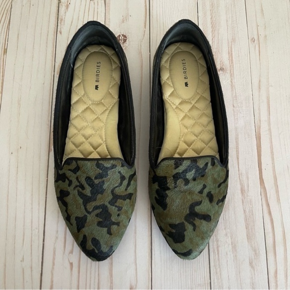 Birdies Black Bird Camouflage Calf Hair Loafer Flats Almond Toe Camo Womens 7